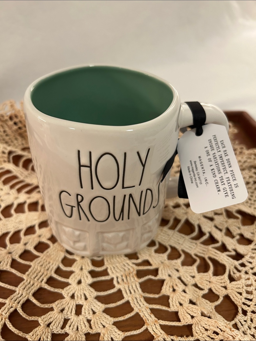 NWT Rae Dunn Cream Mug with Green Interior — "HOLY GROUNDS" - Picture 10 of 10